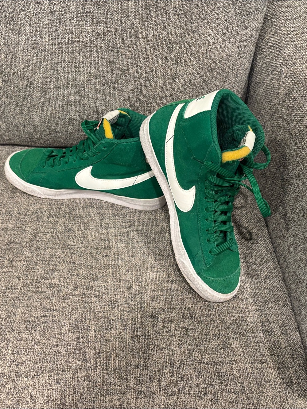 Nike Green High-Top Sneakers with White Swoosh and Yellow Tongue Accent